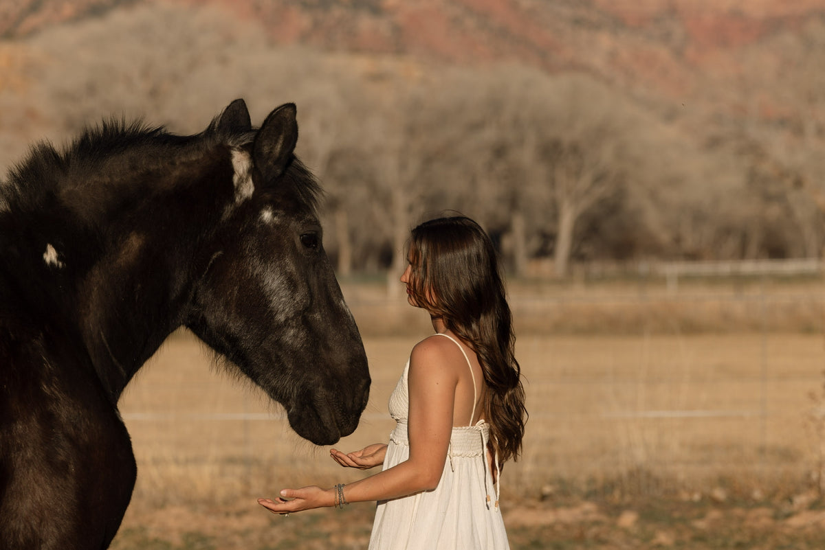 A woman in a white sleeveless dress stands in a field facing a large black horse, with dry hills and trees in the background.