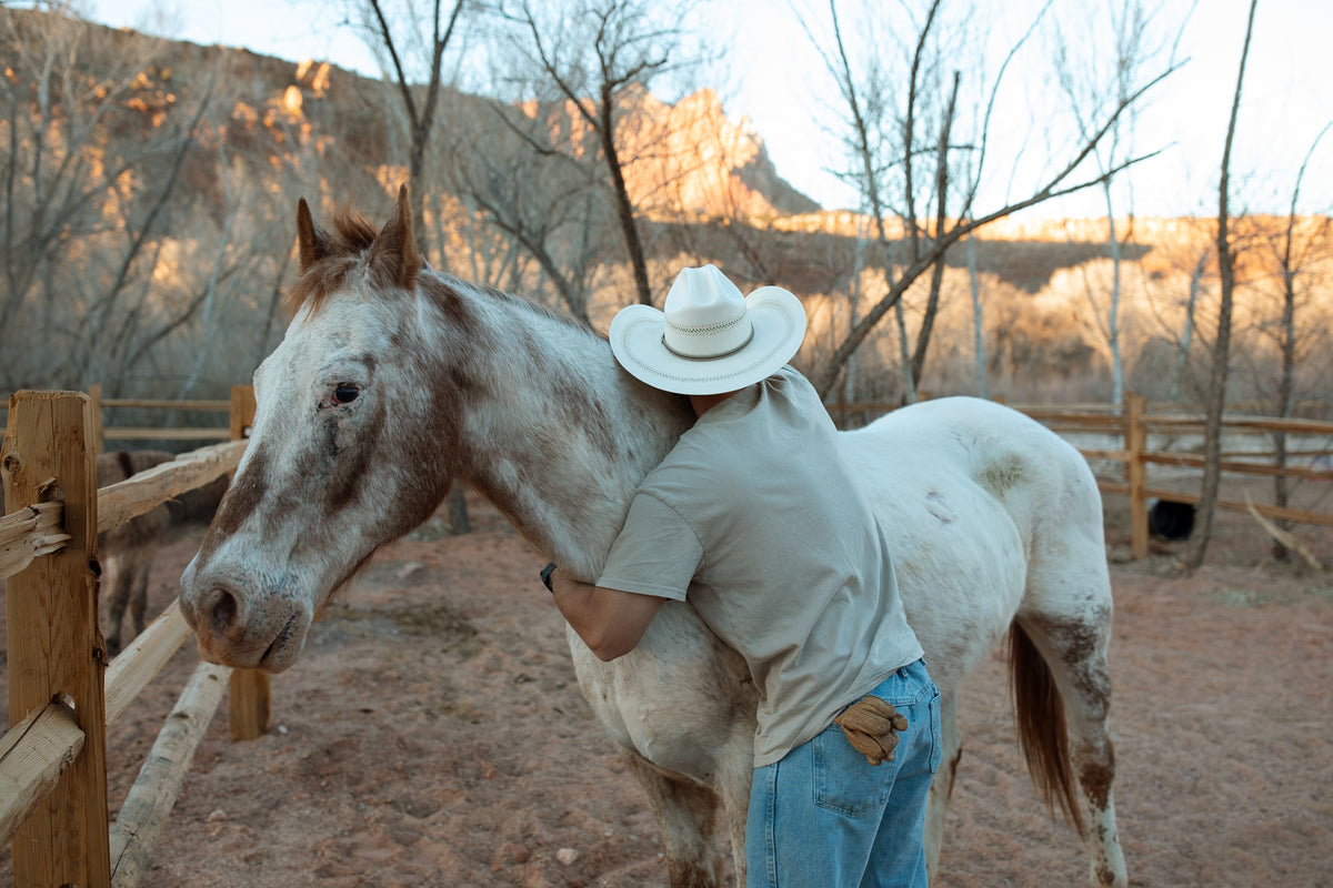 A man in a white cowboy hat, light gray t-shirt, and blue jeans hugs a white and brown Appaloosa horse in a dusty outdoor paddock with wooden fences and trees.